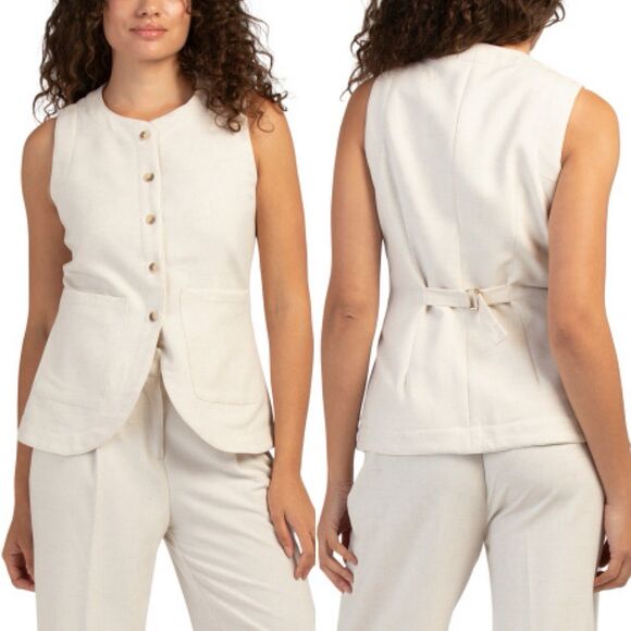 Anthropologie Belle Vere Linen-blend button-front vest Size 4 Capsule Work - Picture 1 of 6